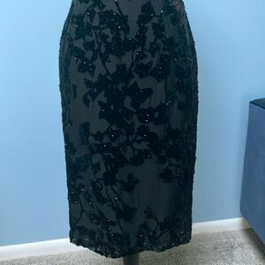 Vintage Adrianna Papell Black Burnout Velvet Silk Rayon Sequin Pencil Skirt